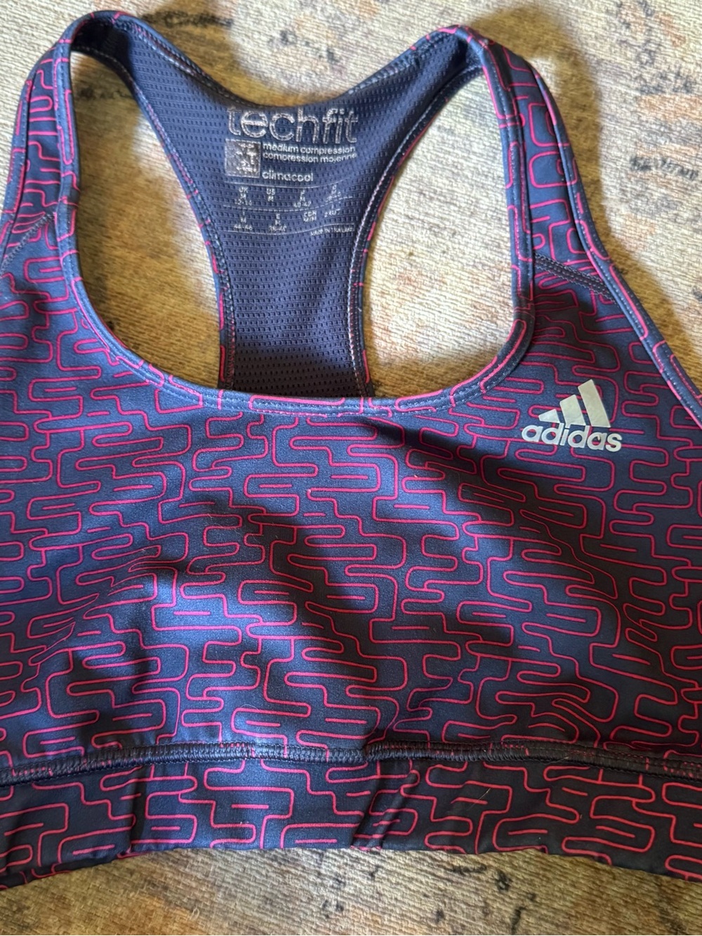 adidas Navy Sports Bra with Pink Pattern — Techfit ClimaCool Racerback
